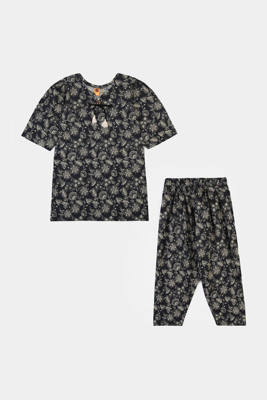 Girls Cotton Printed 2Pcs Mono Chrome-BLACK