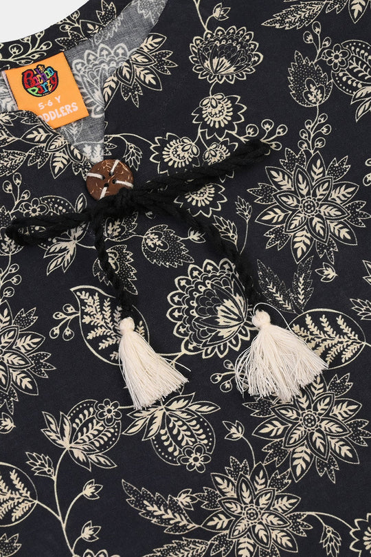 Girls Cotton Printed 2Pcs Mono Chrome-BLACK