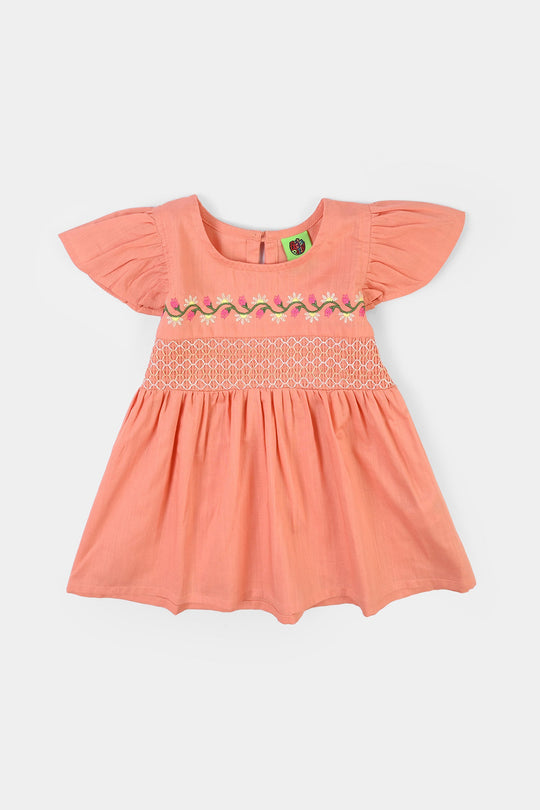 Infant Girls Cotton Slub Emb Frock Blooming - Peach