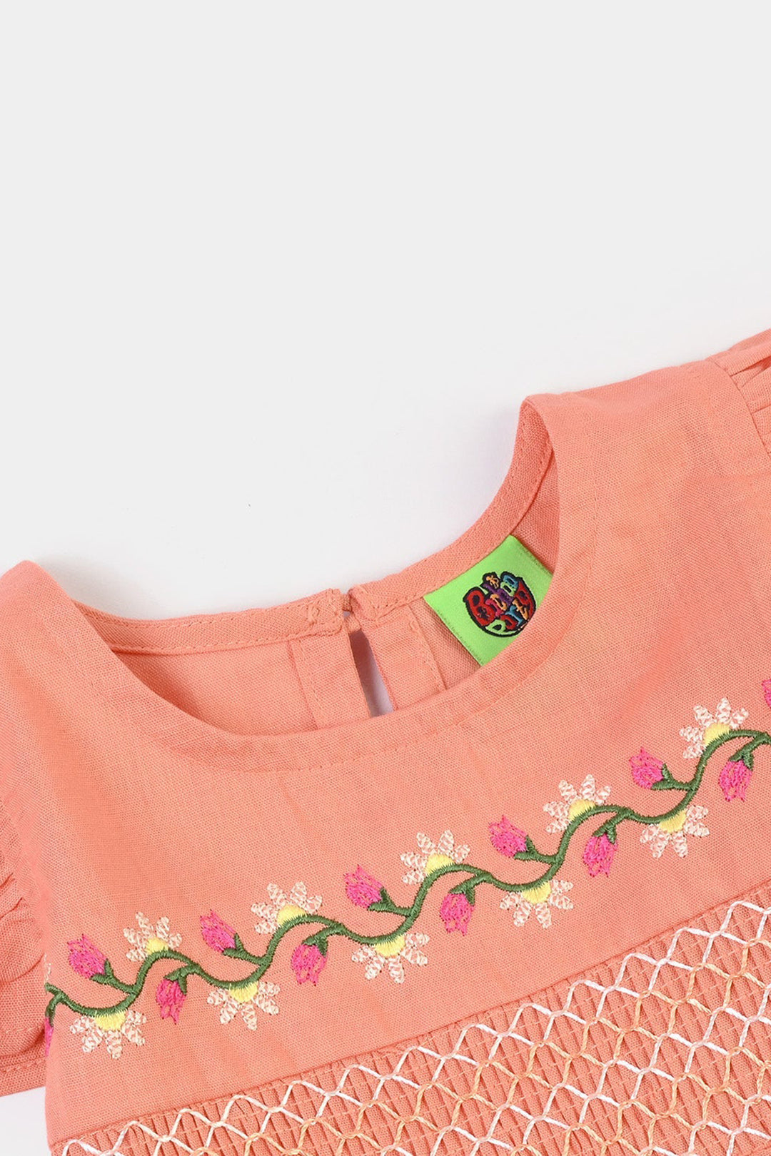 Infant Girls Cotton Slub Emb Frock Blooming - Peach