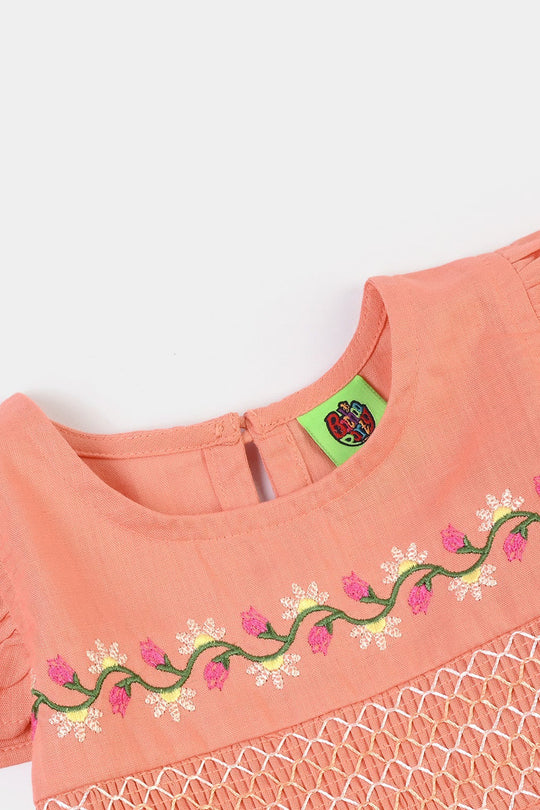 Infant Girls Cotton Slub Emb Frock Blooming - Peach