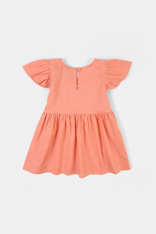 Infant Girls Cotton Slub Emb Frock Blooming - Peach
