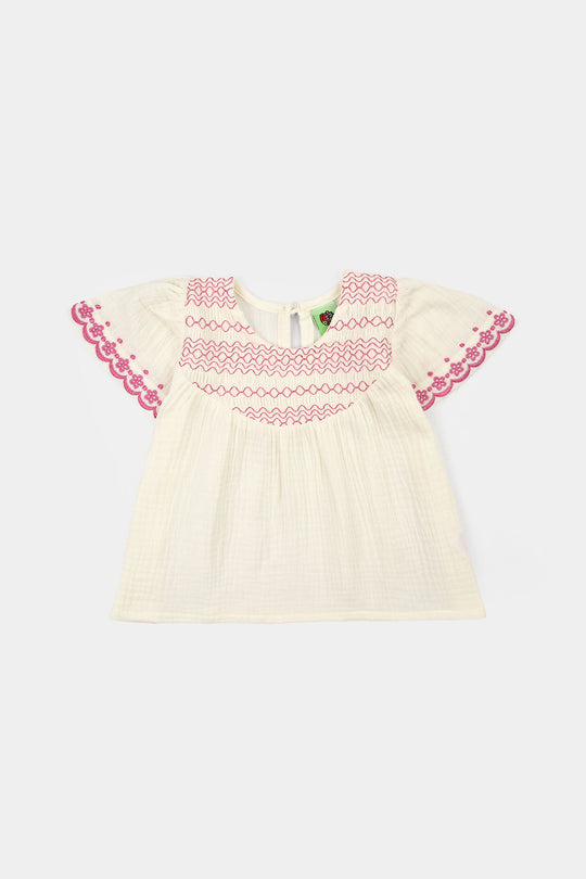 Infant Girls Cotton Slub Emb Top Melon-White
