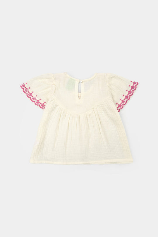 Infant Girls Cotton Slub Emb Top Melon-White