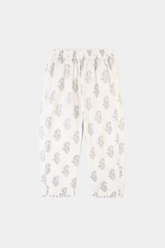 Girls Cotton Screen Print Straight Pant -WHITE
