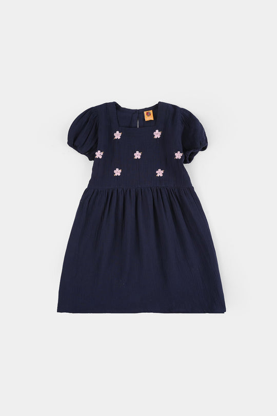 Girls Gauze Emb Frock Flowy-Navy Blue
