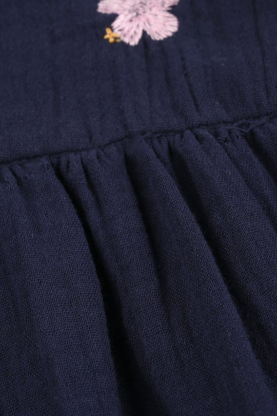 Girls Gauze Emb Frock Flowy-Navy Blue