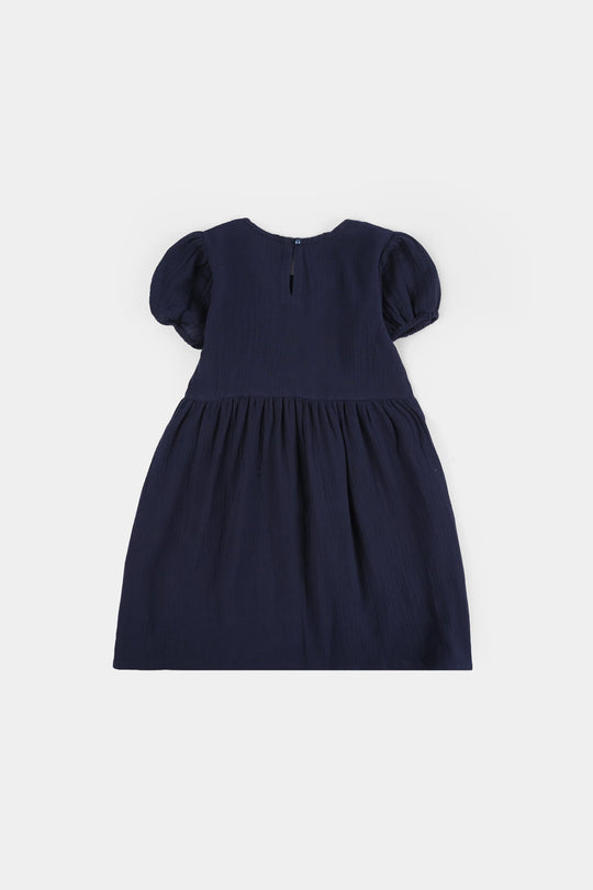 Girls Gauze Emb Frock Flowy-Navy Blue