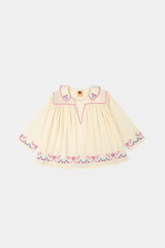 Girls Cotton Brochia Emb Top Jane- Off White