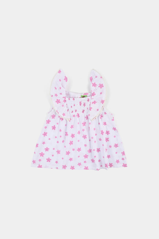 Infant Girls Cotton Casual Frock Pink Flower - WHITE