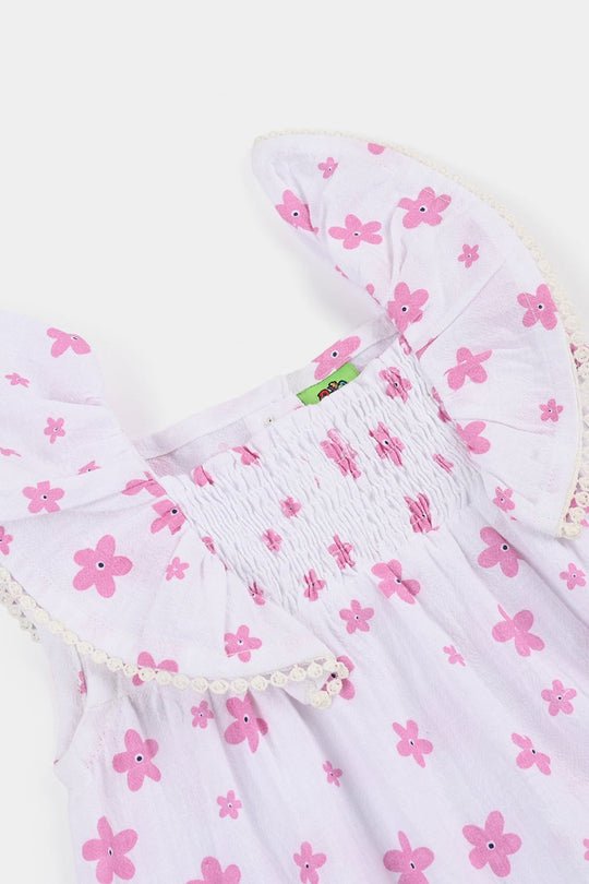 Infant Girls Cotton Casual Frock Pink Flower - WHITE
