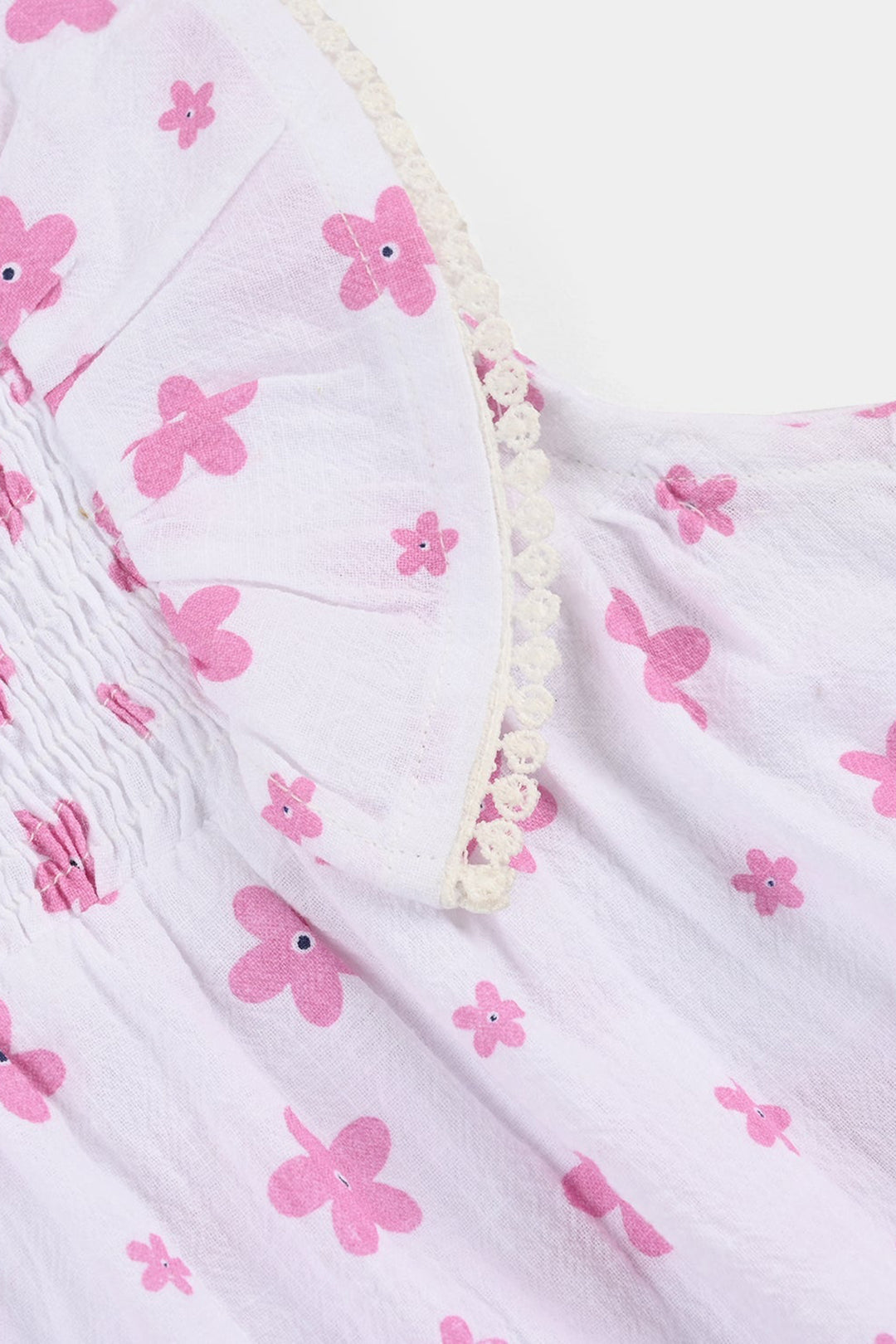 Infant Girls Cotton Casual Frock Pink Flower - WHITE