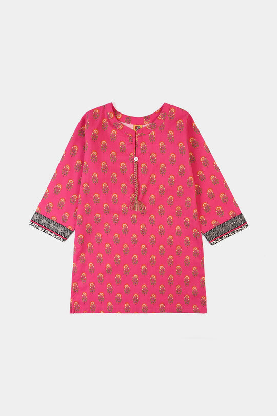 Girls Cotton Printed Kurti Tulip - Bright Pink