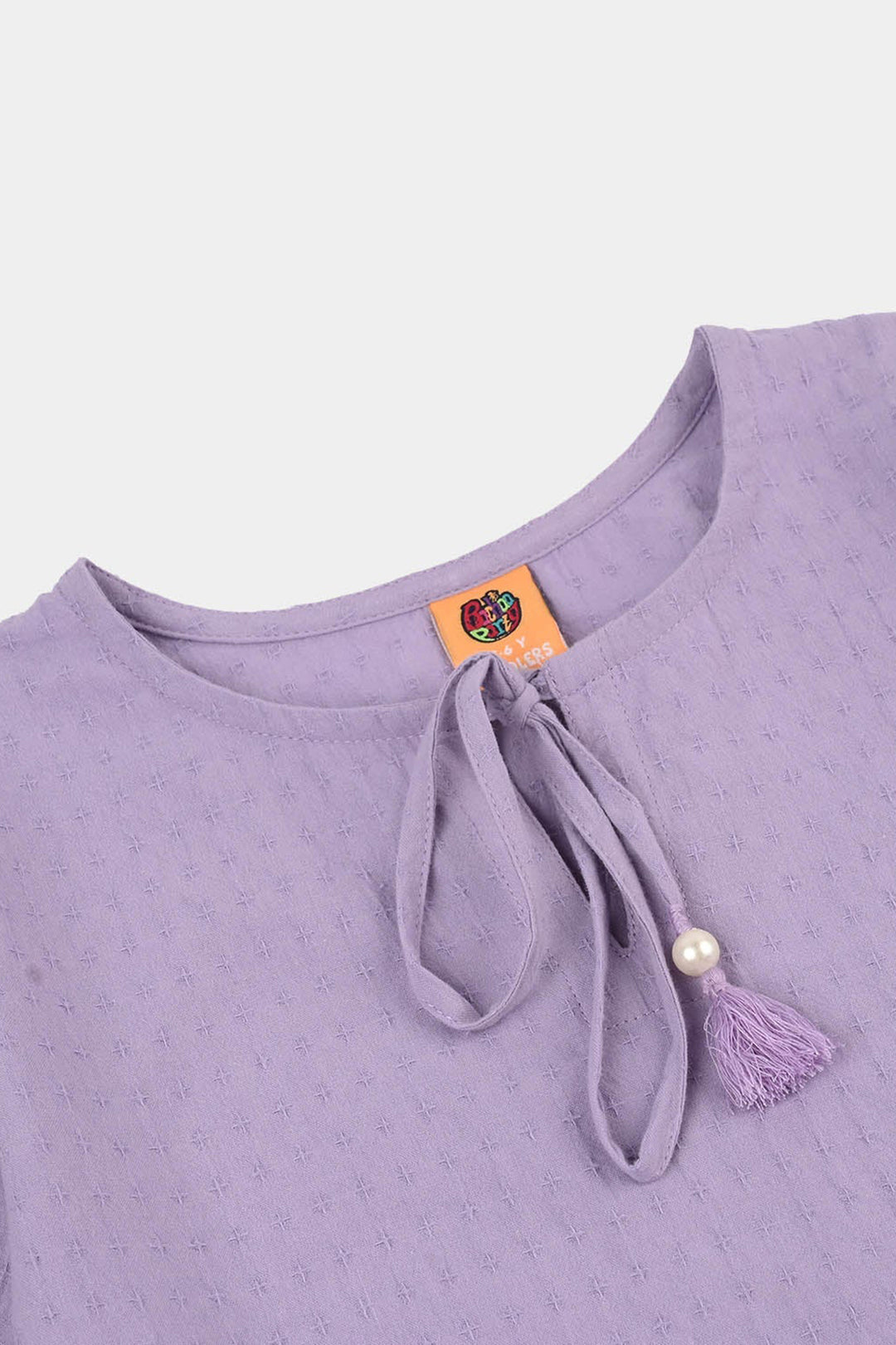 Girls Jacquard Casual Top – Purple with Puffed Sleeves and Tie-Up Neckline