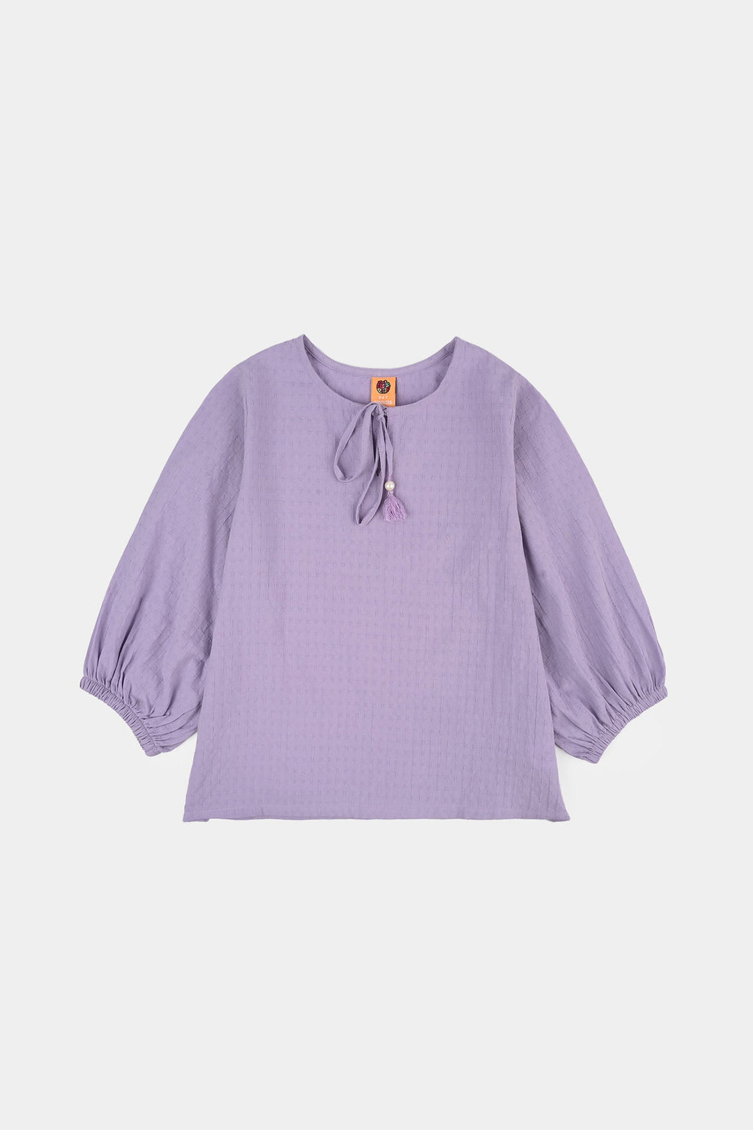 Girls Jacquard Casual Top – Purple with Puffed Sleeves and Tie-Up Neckline