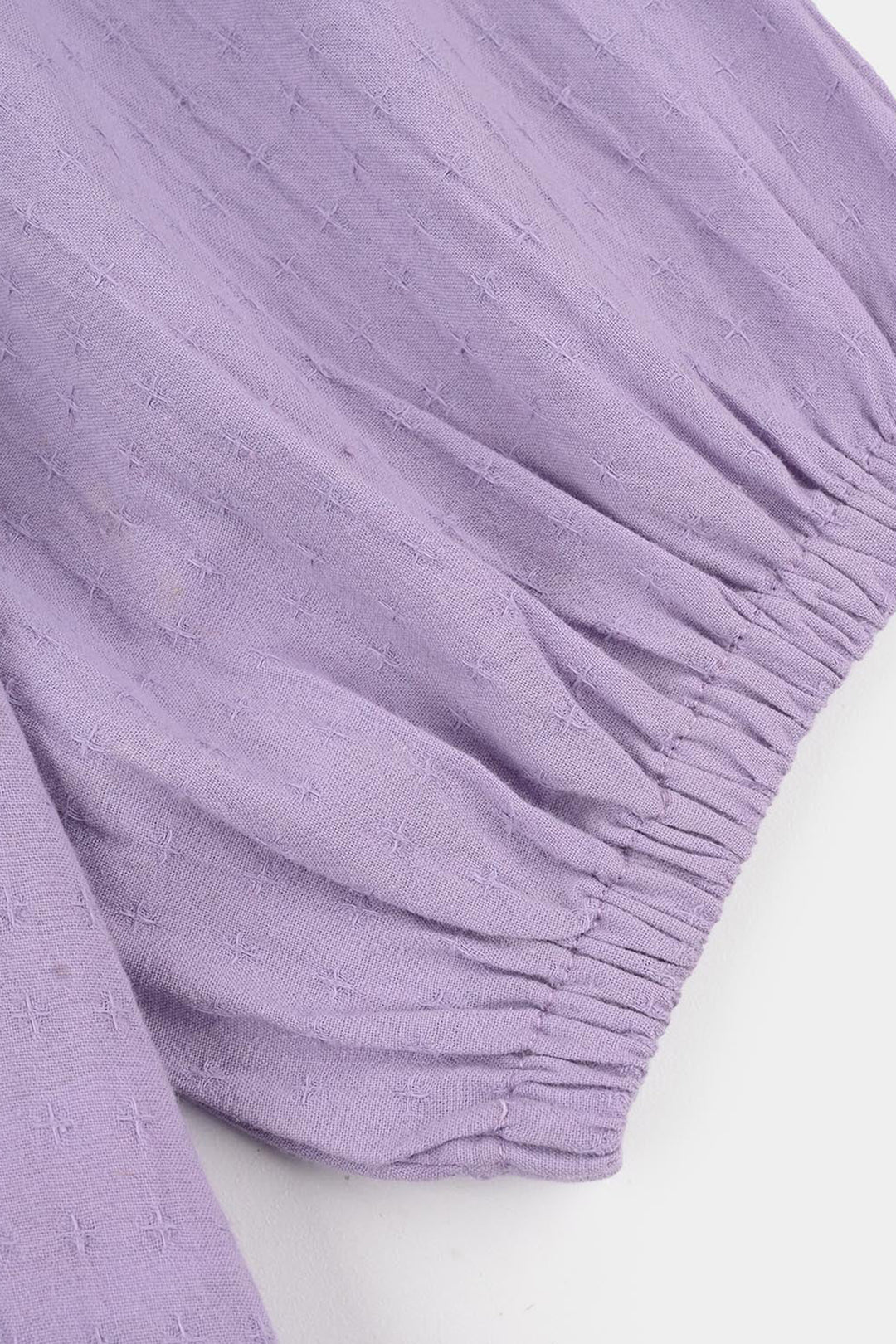 Girls Jacquard Casual Top – Purple with Puffed Sleeves and Tie-Up Neckline