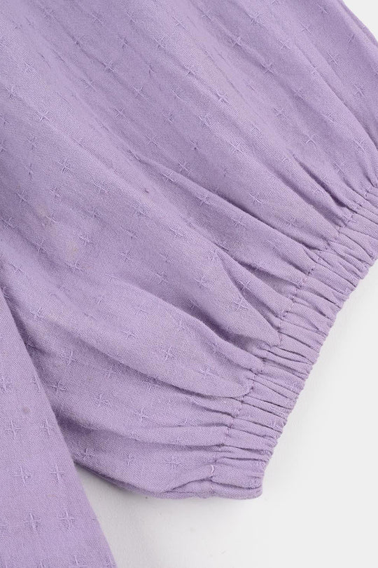 Girls Jacquard Casual Top – Purple with Puffed Sleeves and Tie-Up Neckline