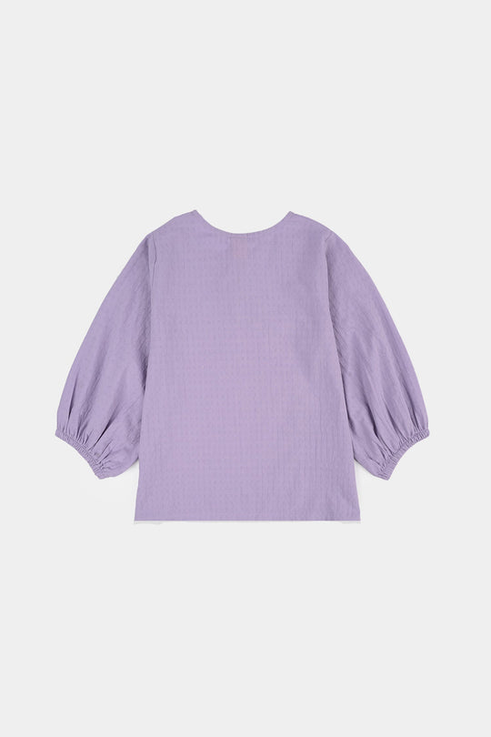 Girls Jacquard Casual Top – Purple with Puffed Sleeves and Tie-Up Neckline