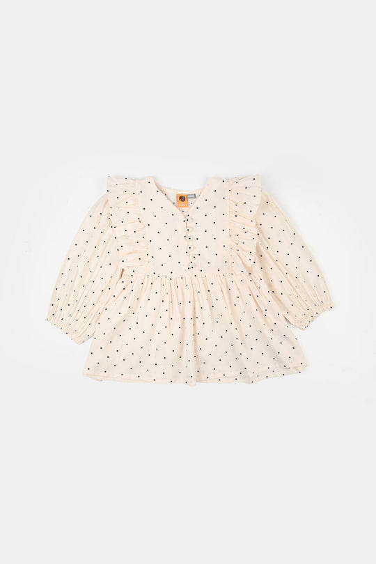 Girls Poly Cotton Casual Top Polka Dot- Off WHITE