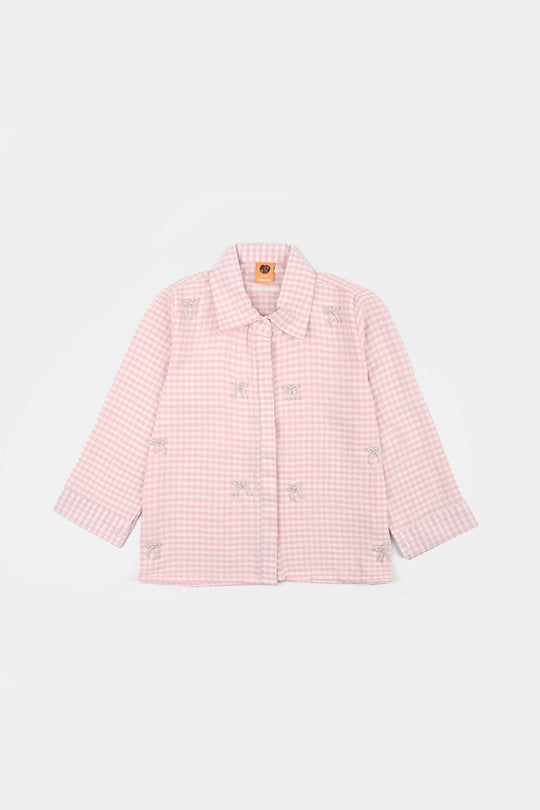 Girls Poly Cotton Top Checks and Bows-Pink
