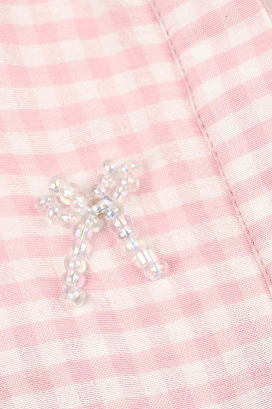 Girls Poly Cotton Top Checks and Bows-Pink