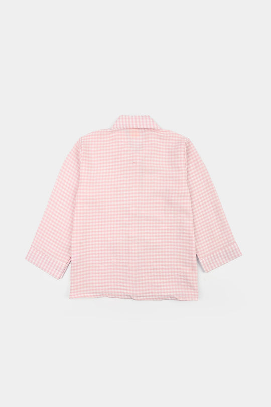 Girls Poly Cotton Top Checks and Bows-Pink