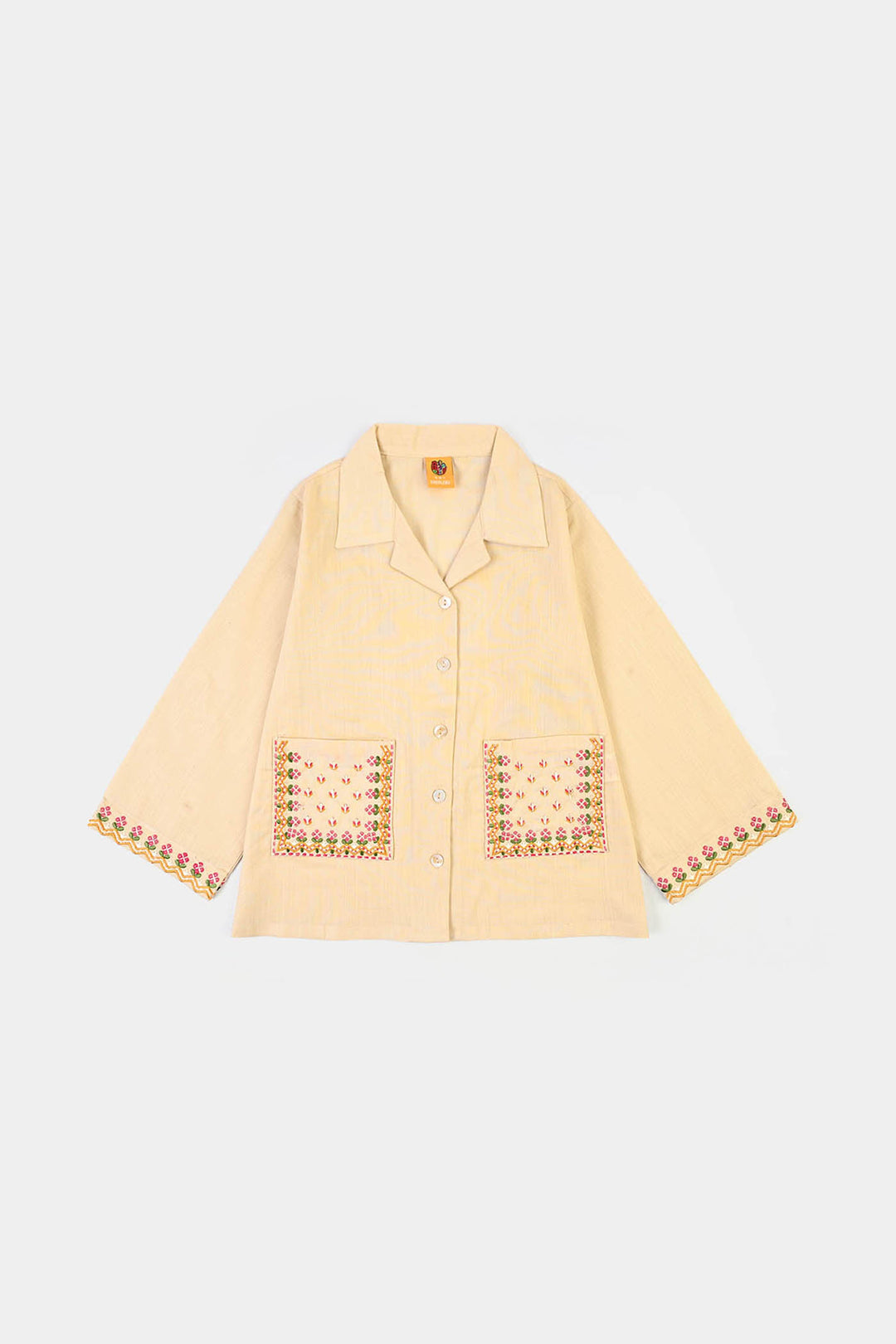 Girls Cotton Embroidered Top Floral Pockets-BEIGE