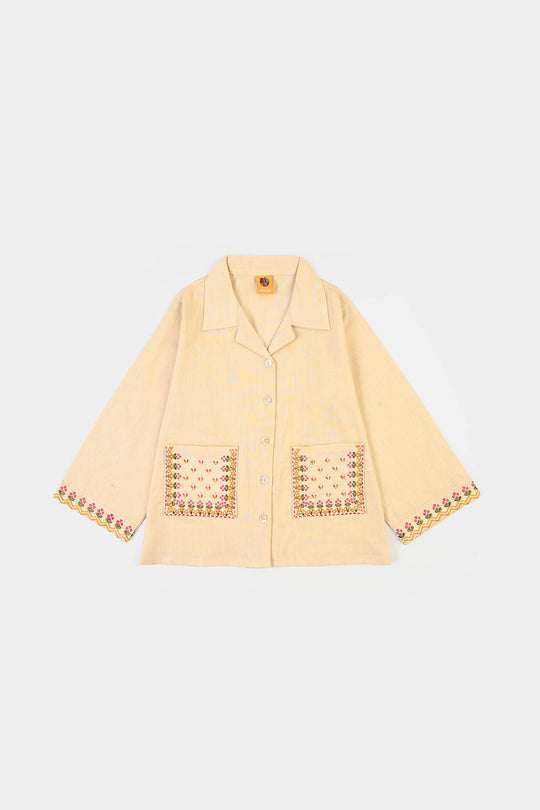 Girls Cotton Embroidered Top Floral Pockets-BEIGE