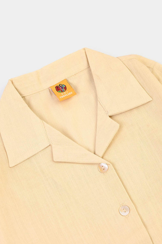 Girls Cotton Embroidered Top Floral Pockets-BEIGE