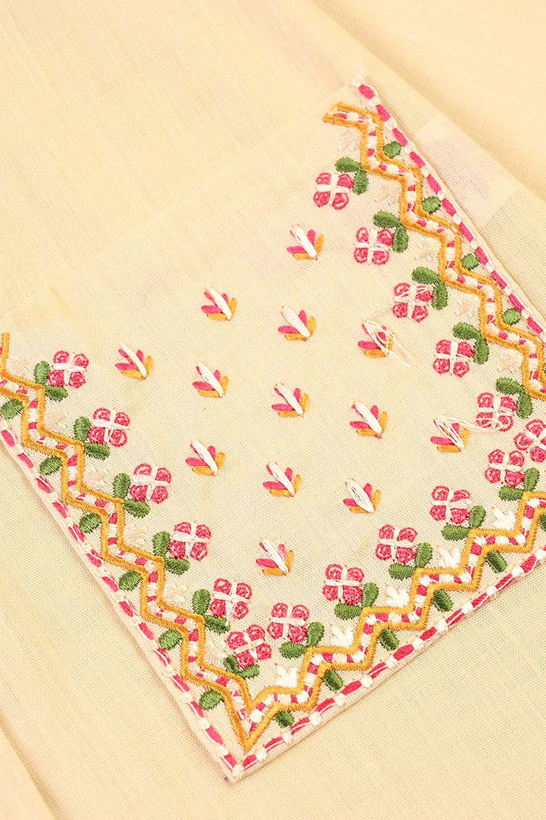 Girls Cotton Embroidered Top Floral Pockets-BEIGE