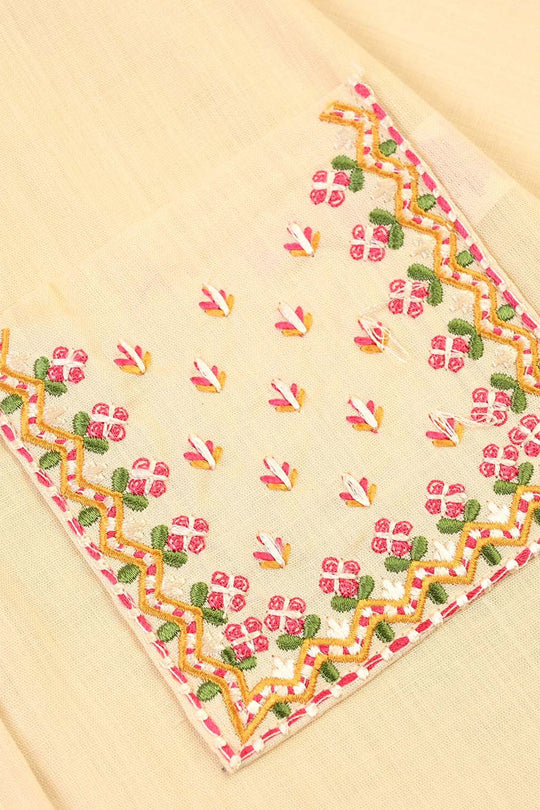 Girls Cotton Embroidered Top Floral Pockets-BEIGE