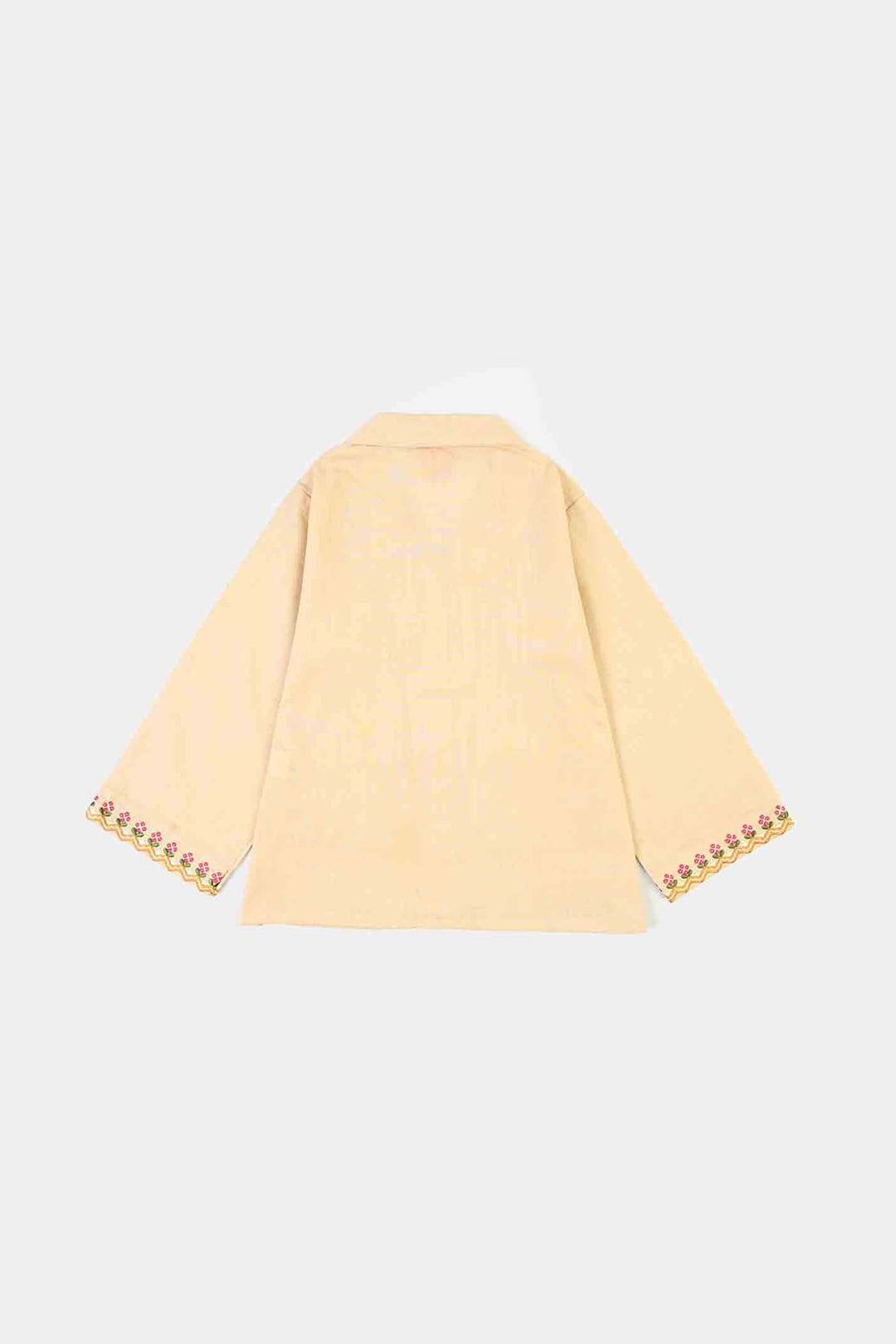 Girls Cotton Embroidered Top Floral Pockets-BEIGE
