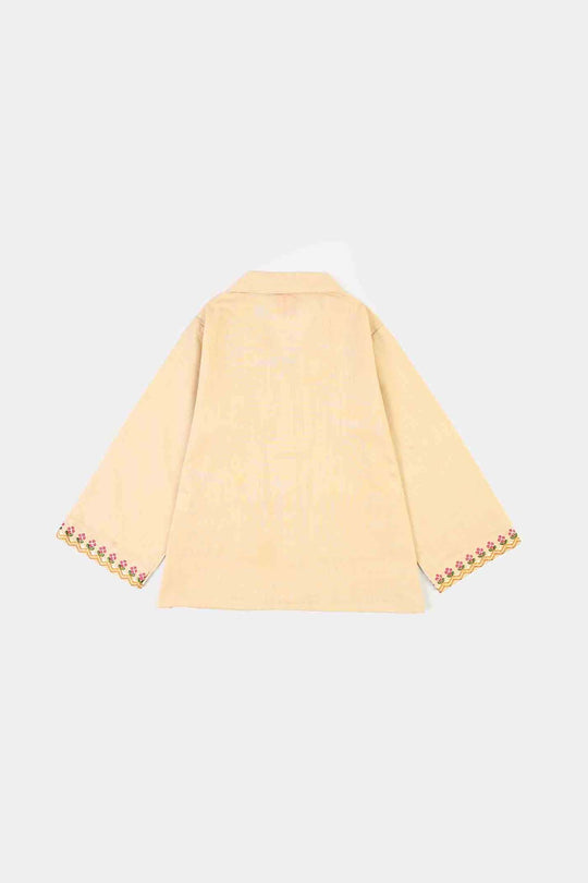 Girls Cotton Embroidered Top Floral Pockets-BEIGE