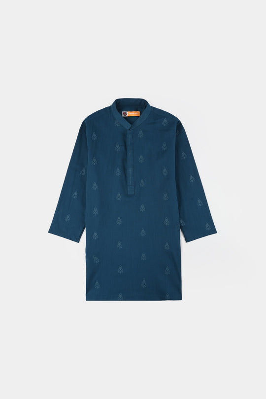 Boys Cotton Slub Printed Kurta (Blue Opal)-Blue