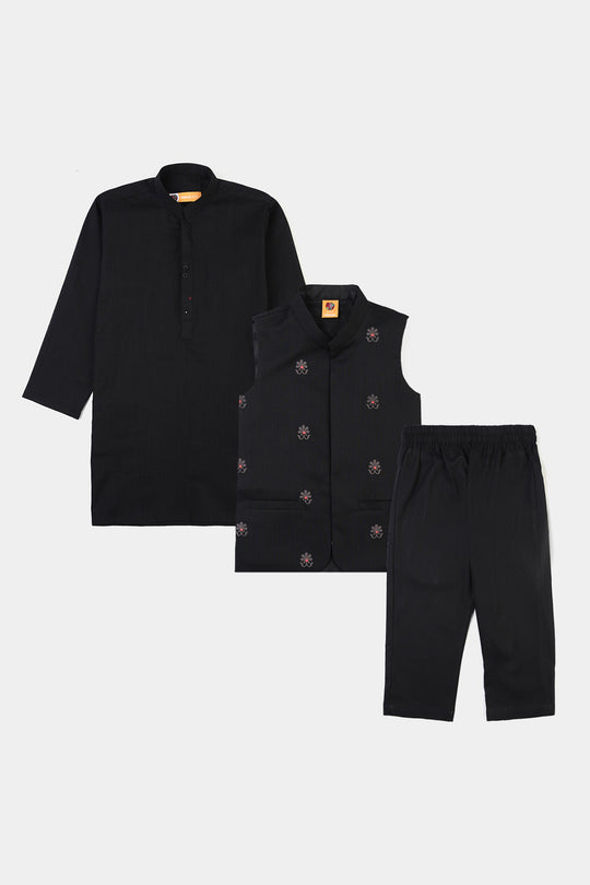 Boys Cotton Slub 3Piece Suit (Black Puff)