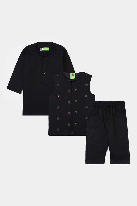 Infant Boys Cotton Slub 3Piece Suit (Black Puff)