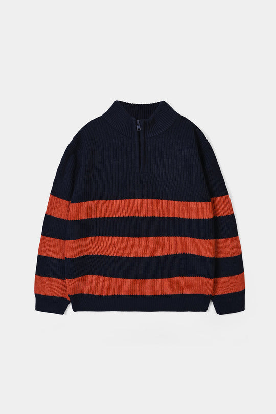 Boys Acrylic Sweater Stripe Mock - Red/Blue