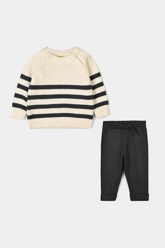 Infant Boys Acrylic Co Ord Set-Cross Stripe- Grey/Off-White