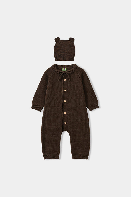Infant Boys Acrylic Romper With Cap Bear-BROWN
