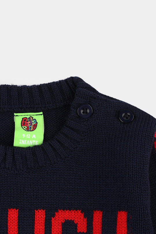 Infant Boys Acrylic Sweater-Laugh - Navy.Red