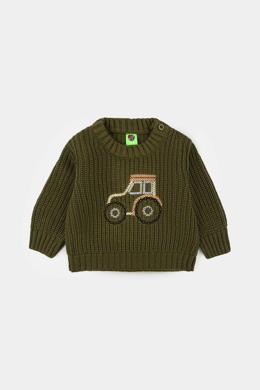 Infant Boys Sweater-Tractor - Olive.Green