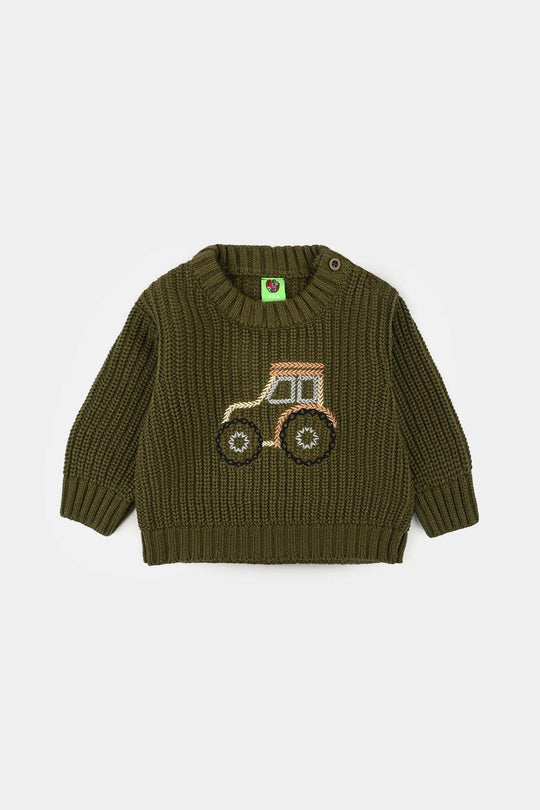 Infant Boys Sweater-Tractor - Olive.Green