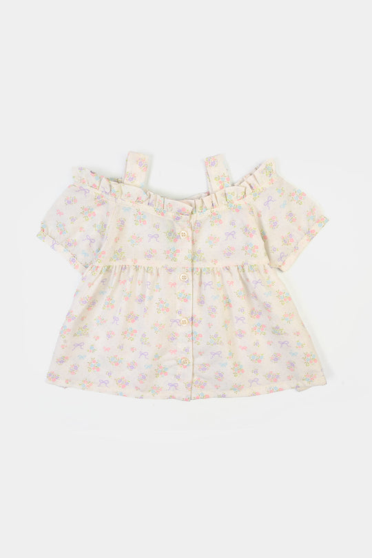 Infant Girls Poly Lawn Casual Top Bow-Multi