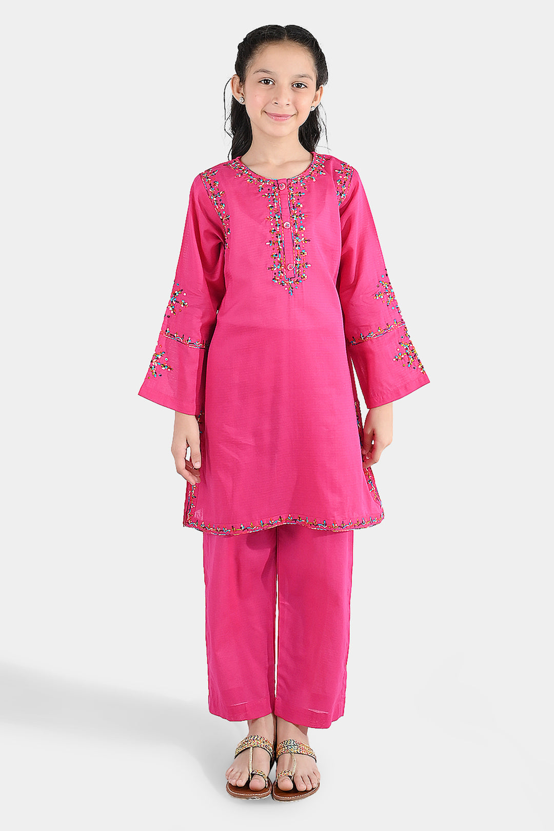 Girls Cotton Emb 2Pcs Naaz- Bright Pink