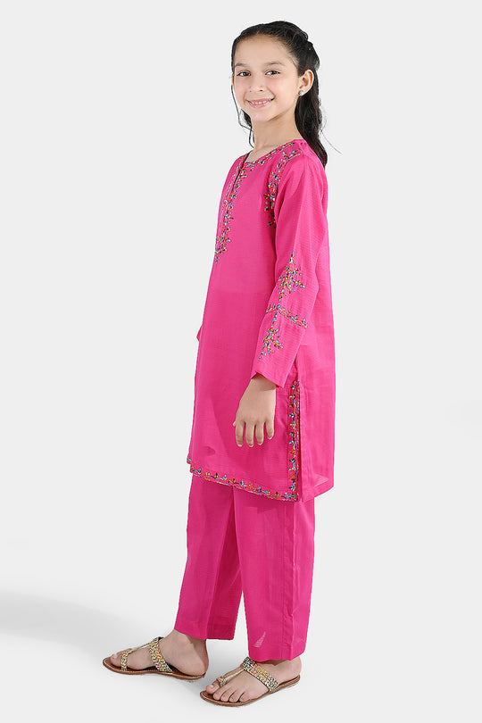 Girls Cotton Emb 2Pcs Naaz- Bright Pink