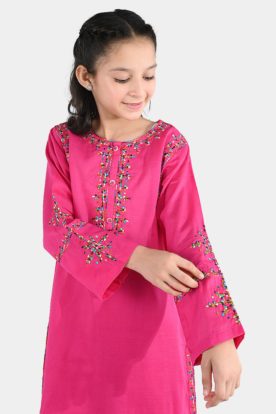 Girls Cotton Emb 2Pcs Naaz- Bright Pink