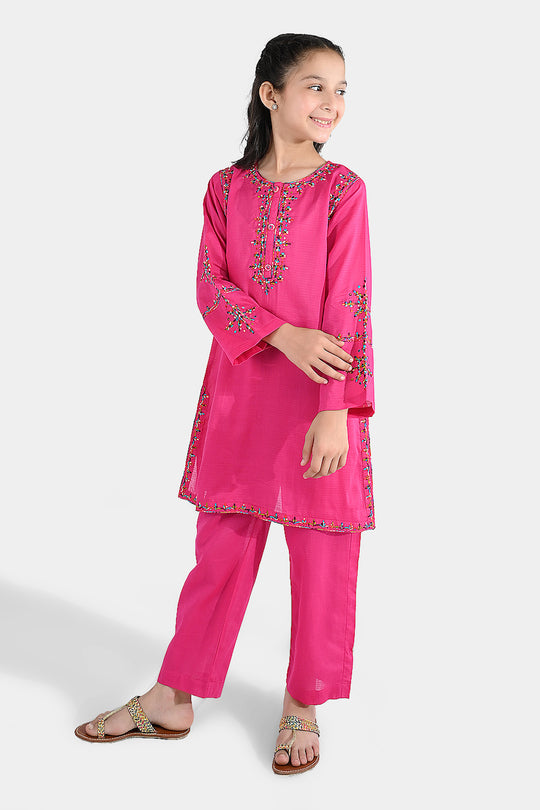 Girls Cotton Emb 2Pcs Naaz- Bright Pink
