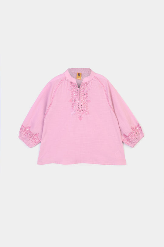 Girls Cotton Slub Emb Top Peaches-Pink