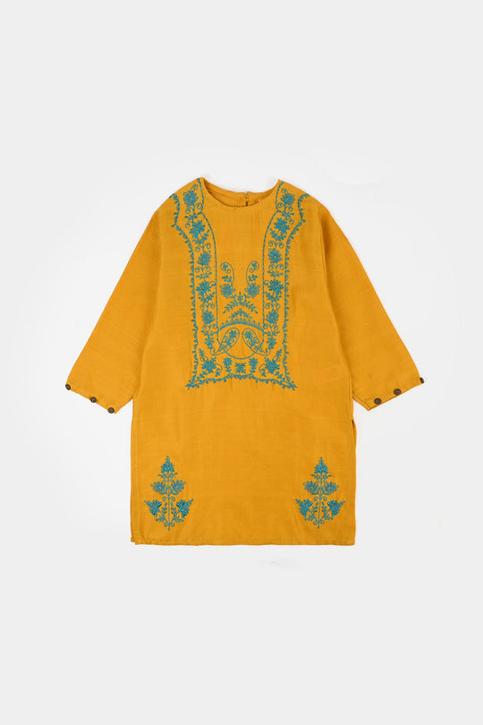 Girls Cotton Jacquard Emb kurti Jal pari-Mustard