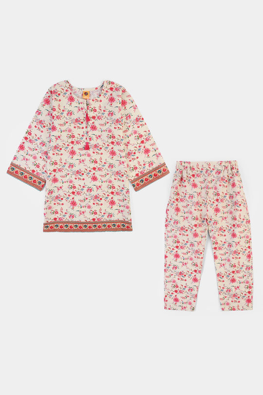 Girls Cotton Slub Printed 2Pcs Rose-Multi